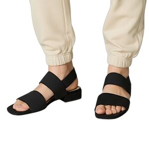 Carmen Salas Black Wide Strap Sling Back Block Sandals Women's Size 8.5